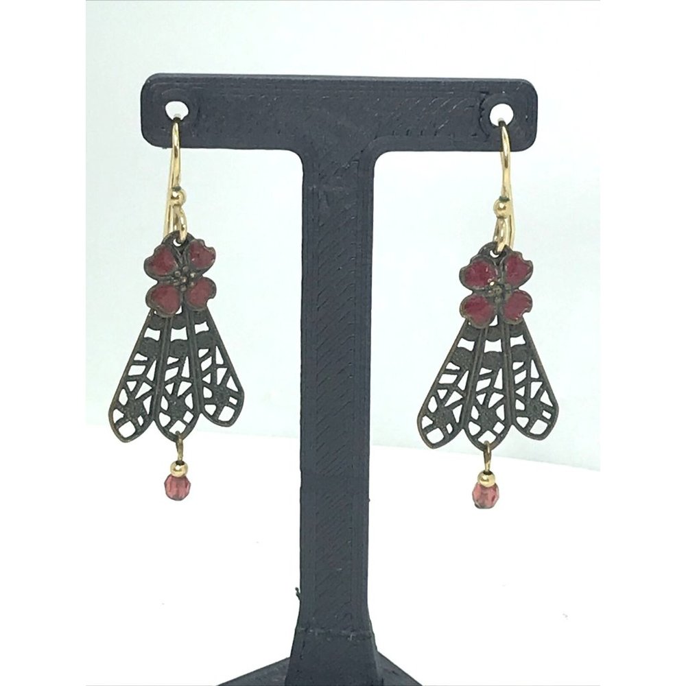 Artisan Flower Fan Earrings Drop Dangle Filigree Crystal Enamel Red‎ Filigree